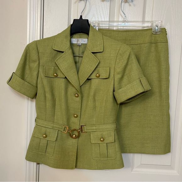 Tahari ASL Jackets & Blazers - Tahari ASL Three-Button Decorative Belted Blazer & Skirt in Grass Green Size 2P